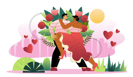 Happy couple dancing. Pair in love dancing together. Hobby and leisure. Romantic date. Flamenco and waltz, tango. Romance and love. Flat vector illustration isolated on white backgroundのイラスト素材