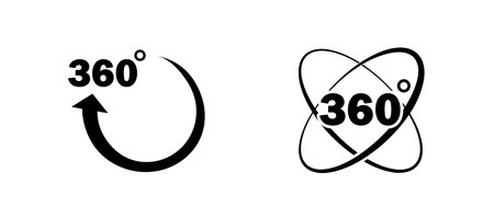 360 degrees icon set. Rotation and angle of views. Simulation, panorama and rotation. Template and layout. Graphic element for website. Flat vector collection isolated on white backgroundのイラスト素材