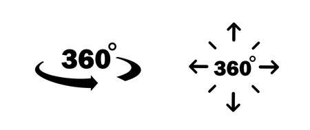 360 degrees icon set. Rotation and angle of views. Simulation, panorama and rotation. Virtual reality and cyberspace. Template and layout. Flat vector collection isolated on white backgroundのイラスト素材