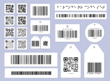 Barcode qr code set. Pack of barcode labels. Short link, wireless payment. Cashless transfers and transactions. Identity and coding. Flat vector collection isolated on blue backgroundのイラスト素材