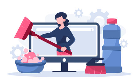 Cleaning company online. Woman with mop on computer screen near basin with soap foam. Cleanliness and hygiene. Household chores and routine. Flat vector illustration isolated on white backgroundのイラスト素材