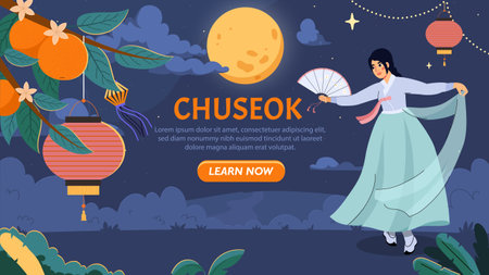 Chuseok landing page. Woman in blue dress with hand fan near red chinese lamps. Traditional korean asian holiday and festival. Poster or banner for website. Flat vector illustrationのイラスト素材