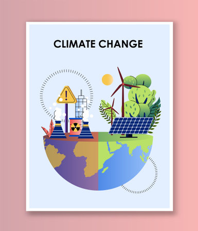 Climate change poster. Planet with dirty production and clean energy, electricity. Caring for nature, ecology and environment. Cover or banner. Flat vector illustration isolated on pink backgroundのイラスト素材