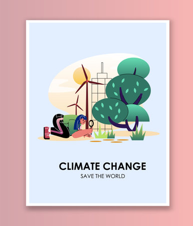 Climate change poster. Woman with magnifying glass evaluates windmills. Caring for nature, ecology and environment. Eco friendly activist. Flat vector illustration isolated on pink backgroundのイラスト素材