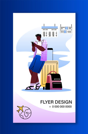 Design for airport flyer. Man with luggage waiting for airplane. Holiday and vacation. Travel and tourism. Booklet and brochure. Flat vector illustration isolated on blue backgroundのイラスト素材