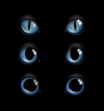 Realistic cat eyes set. Blue eyeballs. Creepy pet and domestic animal. International holiday of fear and horror. Wildlife and fauna. 3D vector collection isolated on black backgroundのイラスト素材