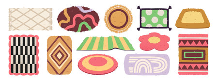 Set of carpets. Icons or stickers with rugs of various shapes, textures and patterns. Decorative floor carpets for cozy interior of house. Flat vector illustration collection isolated on backgroundのイラスト素材