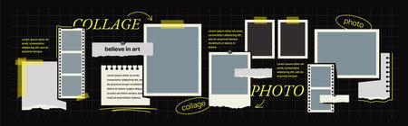 Photos frame collage. Banner with mockups and copy space for photos and pictures. Vintage blank Mood board template. Brand identity album. Digital photo wall. Flat vector illustrationのイラスト素材