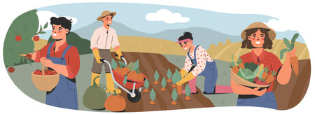 Farmers pick crops. Happy male and female farm workers harvesting vegetables and fruits in garden or rural field. Agriculture, Farming and Cultivation. Flat vector illustration isolated on backgroundのイラスト素材