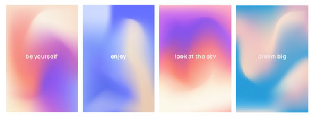Pastel Gradient Poster Set. Rainbow Flyers with Blurred Light Colors and Motivational Quote. Banners with light blue, yellow and pink shades of sky. Cartoon vector illustrations isolated on backgroundのイラスト素材