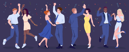 Grand opening ceremony. Happy men and women dancing surrounded by confetti and celebrating holiday or event. Joyful characters at party. Flat vector illustration collection isolated on backgroundのイラスト素材