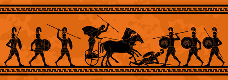 Ancient Greek ornament. Mural fresco or ceramic amphora with mythical battle of warriors with spears and shields. Depiction of historical event of human civilization. Cartoon Flat vector illustrationのイラスト素材