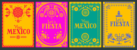 Mexican Fiesta posters set. Cinco de Mayo invitation with vintage floral ornament and text. Greeting cards for traditional Mexican holiday. Flat vector illustration collection isolated on backgroundのイラスト素材