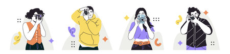 Set of photographers. Happy men and women with cameras taking photos or pictures. Characters capture emotional moments on film. Flat outline vector illustration collection isolated on backgroundのイラスト素材