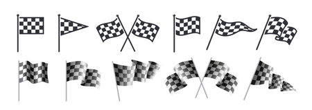 Racing flag icon set. Flat and realistic waving checkered flags for sports competitions, racing and tournaments. Design elements for app. Vector illustration collection isolated on white backgroundのイラスト素材
