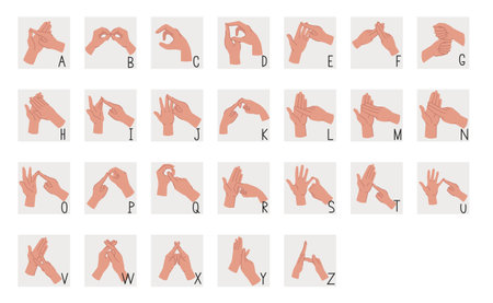 British sign language alphabet. Educational banner with hands showing various gestures denoting letters. Sign language for people with hearing and speech impairments. Flat vector illustrationのイラスト素材