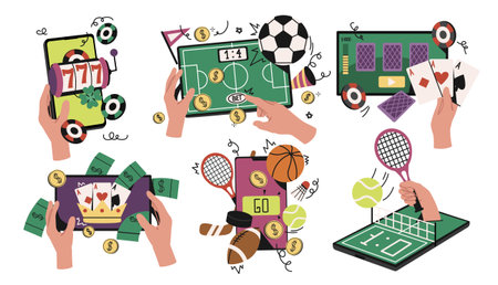 Set of people betting on sports online. Characters hands holding smartphones and playing game of chance. Wagering on football and tennis at bookmakers. Flat vector illustration isolated on backgroundのイラスト素材