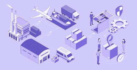 Supply chain. Banner with stages of global logistics and trade. Production, delivery, storage in warehouse and distribution of parcels. Shipping and transportation. Isometric 3D vector illustrationのイラスト素材