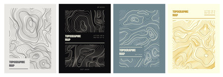 Topographic map posters set. Covers or flyers with contour lines of geographic relief. Stylish design with cartography texture. Flat outline vector illustration collection isolated on backgroundのイラスト素材