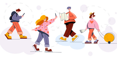 Tourists and travelers set. Happy men and women with backpack, luggage and map travel abroad, take selfies, go hiking and excursion trip. Flat vector illustration collection isolated on backgroundのイラスト素材