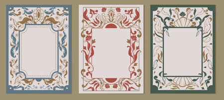 Floral engraving frame set. Elegant vintage posters with ornate calligraphic borders and copy space. Decorative design for menus and invitations. Hand drawn vector illustration isolated on backgroundのイラスト素材