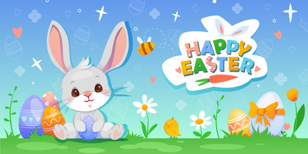 Happy Easter banner. Festive background with cute white bunny sitting on green lawn and holding Easter egg. Charming greeting card for traditional Christian holiday. Cartoon vector illustrationのイラスト素材