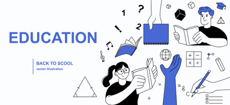 Back to school banner. Background or landing page with university students reading books and preparing for lesson at school. Education, studying and learning. Outline flat vector illustrationのイラスト素材