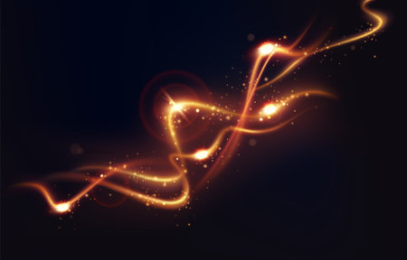 Magic golden wind with shining dust and flashes. Festive banner with shiny golden comet, sparkling stars and bokeh particles. Design for postcard. Realistic vector illustration on black backgroundのイラスト素材