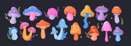 Set of fantasy mushrooms. Magic fairy fungi with green plants, twigs and stars in mystical forest. Design elements for game or print. Cartoon vector illustration collection isolated on backgroundのイラスト素材