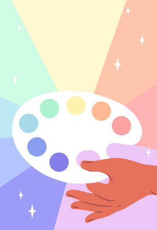 Bright art poster. Hand with palette with paints. Creativity and art. Hobby and leisure. Colorful liquids and patterns. Graphic element for website. Flat vector illustrationのイラスト素材