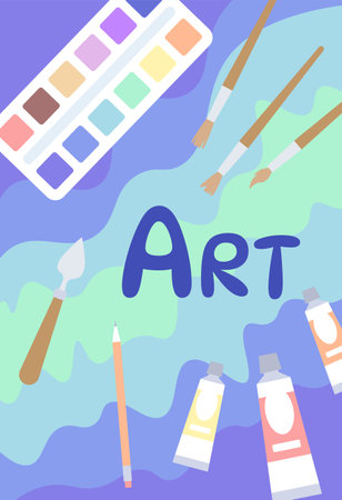 Bright art poster. Palette with paintings near paintbrushes. Creativity and art. Hobby and leisure. Colorful liquids and patterns. Template and layout. Flat vector illustrationのイラスト素材