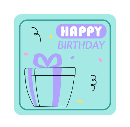 Happy birthday sticker. Hand drawn gift box and colorful confetti. Annual holiday and festival. Greeting postcard. Social media sticker. Flat vector illustration isolated on white backgroundのイラスト素材