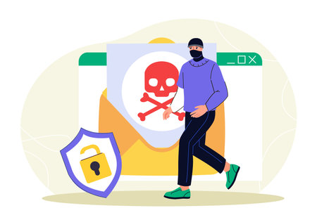 Cyber attack concept. Man in mask near envelope with skull. Phishing and spam. Danger on Internet and theft of personal data. Computer virus. Hacking by email. Flat vector illustrationのイラスト素材