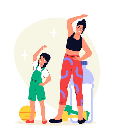 Happy family scene. Woman and girl stretch. Mother and daughter do sports and fitness, yoga. Good family relationships. Training and workout, active lifestyle. Flat vector illustrationのイラスト素材