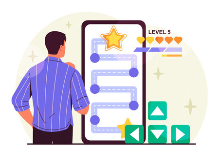 Man playing mobile game. Young guy stands near huge smartphone screen with video game. Gamer and esportsman. Person passes level. Entertainment and fun. Flat vector illustrationのイラスト素材