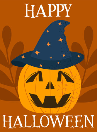 Halloween poster with spider. Scary and spooky pumpkin in witch hat. International holiday of fear and horror. 31 october festival. Booklet or leaflet. Flat vector illustrationのイラスト素材