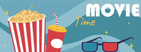 Movie time poster. Pop corn, soda and 3d glasses. Filmmaking and film industry, cinematography. Cinema and series. Fun and entertainment. Flyer and booklet. Flat vector illustrationのイラスト素材