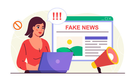 Woman read fake news. Young girl with laptop sits near newspaper with incorrect information. Disinformation and propaganda, lies. Bad mass media and journalists. Flat vector illustrationのイラスト素材