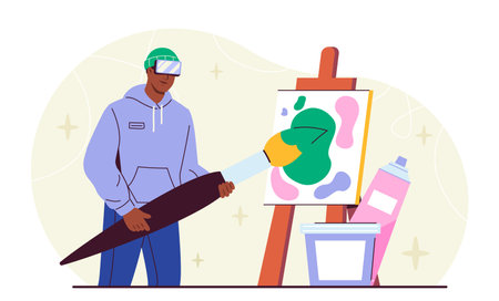 Virtual reality artist. Man in VR glasses with brush paints on canvas. Artist paints in studio. Hobby and leisure. Creativity and art. Metaverse and cyberspace. Flat vector illustrationのイラスト素材