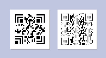 Barcode or qr code. Rectangle sticker with code for scanning. Cashless payments. Shortened link. Template and layout. Flat vector illustration isolated on violet backgroundのイラスト素材