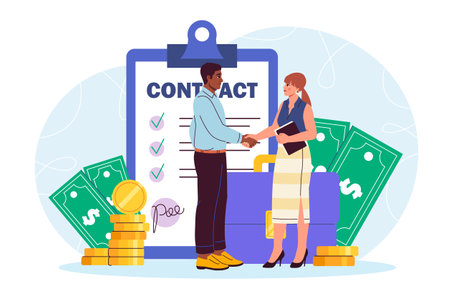 People conclude business deal. Man and woman shake hands against background of contract. Collaboration and cooperation, partnership. Entrepreneur and investor. Flat vector illustrationのイラスト素材