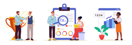Business people set. Man and woman work together. Analysts study graphs and charts. Organizing efficient work process in office. Flat vector collection isolated on white backgroundのイラスト素材