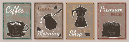 Coffee posters set. Aroma and beverage. Cup with hot drink, grinder and teapot. Americano and cappuccino. Flyers and brochures for coffee shops. Flat vector collection isolated on grey backgroundのイラスト素材