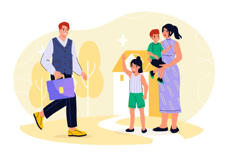 Happy family concept. Cheerful man and woman with children. Mother, father and daughter with son. Good family relationships. Dad came home from work. Flat vector illustrationのイラスト素材