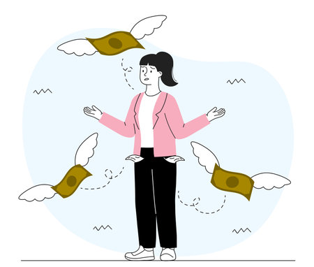 Woman with financial problems. Sad young girl near banknotes with wings. Inflation and recession, bankruptcy and economic problems. Financial crisis. Linear vector illustrationのイラスト素材