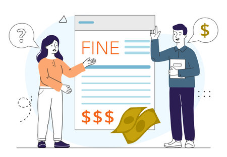 People with fine. Man and woman near documents and banknotes. Punishment and penalty for violation of traffic rules. Businesswoman with fee, bill and tax. Linear vector illustrationのイラスト素材