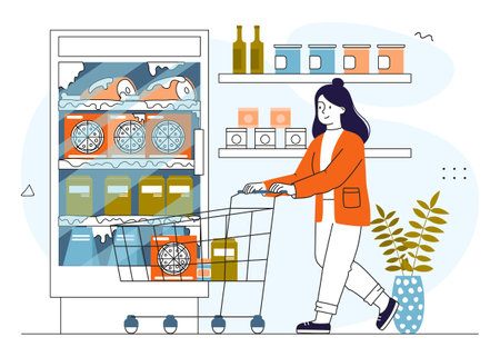 Woman buy frozen foods. Woman with cart in supermarket buying pizza. Frozen eating and groceries. Routine and household chores. Customer in market or store. Linear vector illustrationのイラスト素材