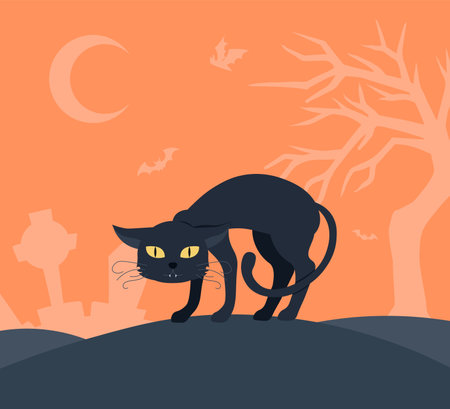 Halloween black cat. Kitten and domestic animal. Spooky and creepy character. International autumn holiday of fear and horror. Pet and mammal. Flat vector illustrationのイラスト素材
