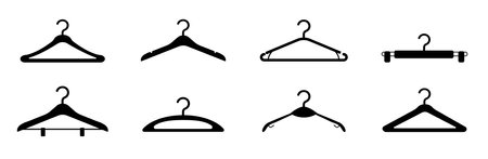 Set of hanger icons. Metal and wooden clothes hangers. Fashion boutique, clothing store and wardrobe. Fashion, trend and style. Flat vector collection isolated on white backgroundのイラスト素材