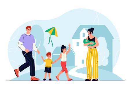 Happy family concept. Cheerful man and woman with children. Brother and sister playing with kite outside. Mother, father and daughter with son. Good family relationships. Flat vector illustrationのイラスト素材